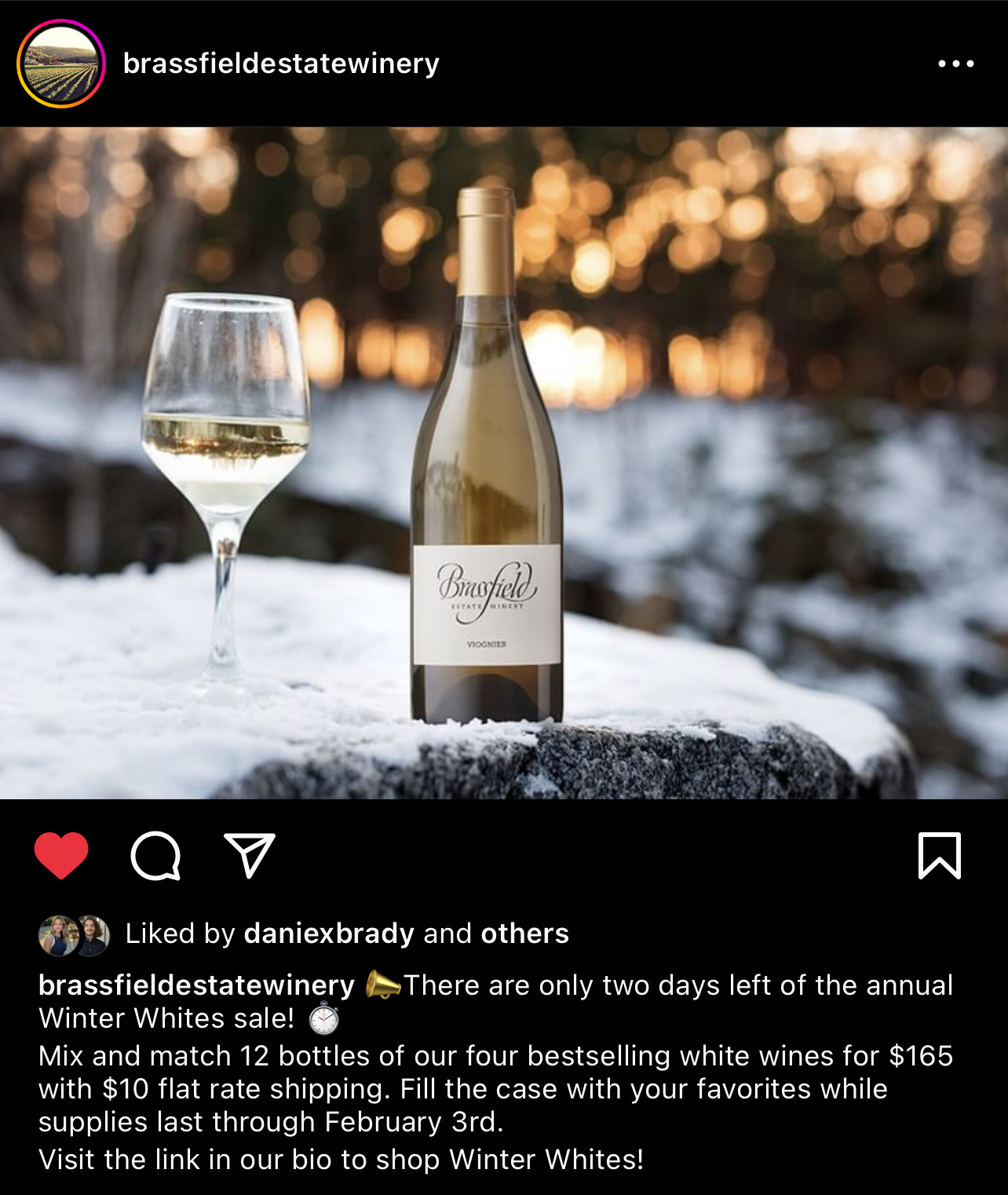 Brassfield Wine Instagram post example showing a beauty shot of wine
