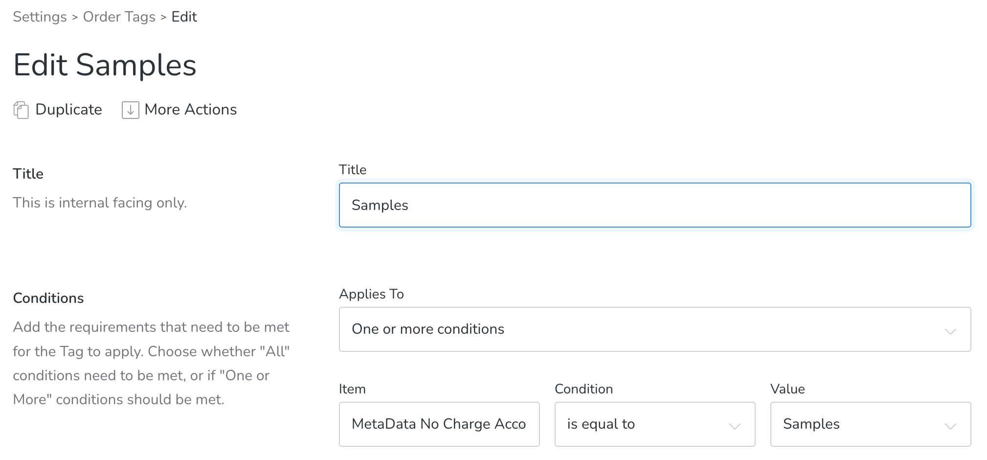 view of the order tags in Commerce7 that tie to a meta data selection