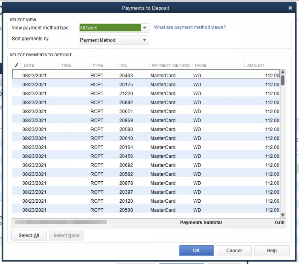 Payments to Deposit screen in QuickBooks Desktop