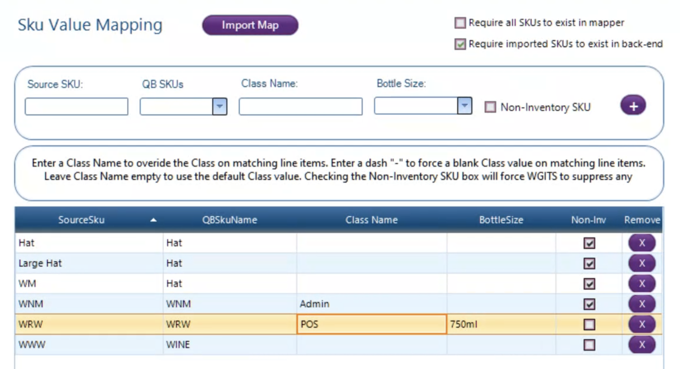 SKU Map screen showing  the different fields to be used.