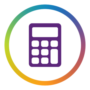 WGits QuickBooks Calculator Icon Rainbow circle with white center and at the center is a simple purple calculator icon.
