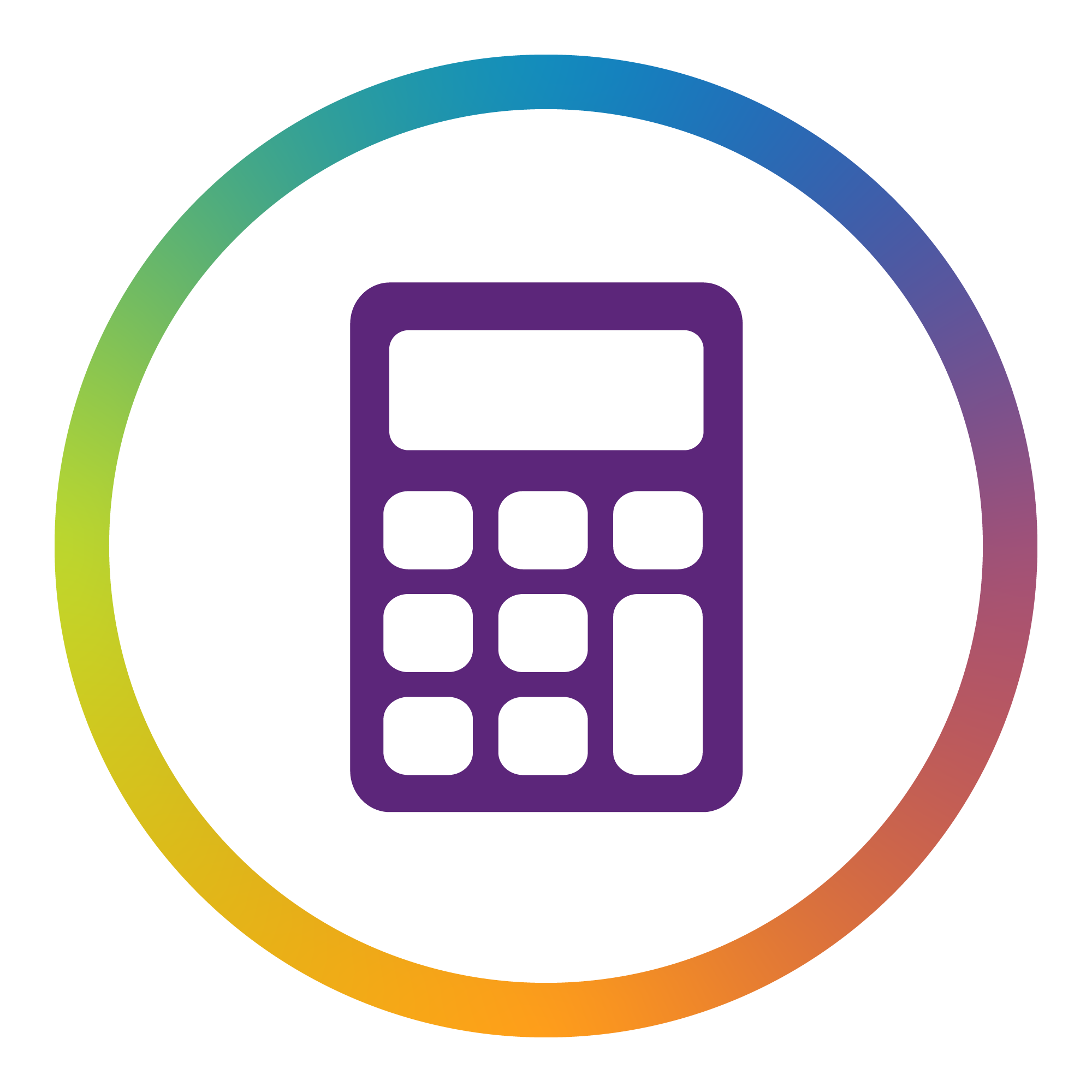 Rainbow circle with white center and at the center is a simple purple calculator icon.
