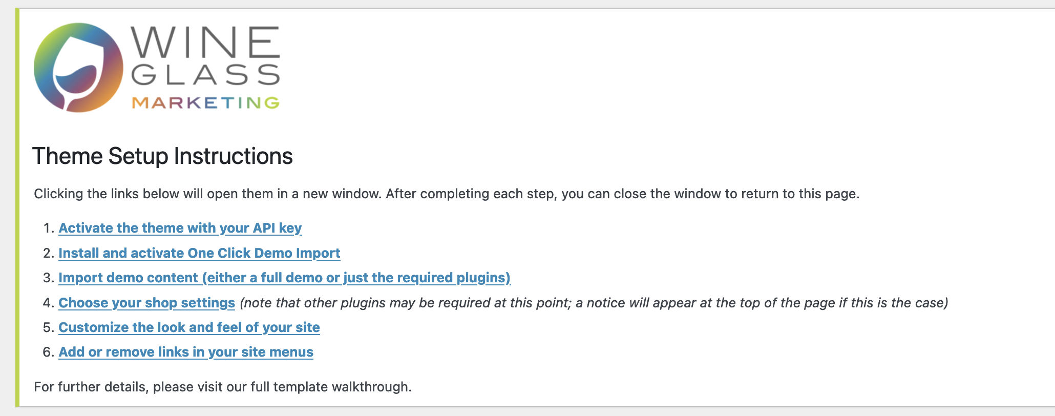 Screenshot of WGM template setup steps once installed